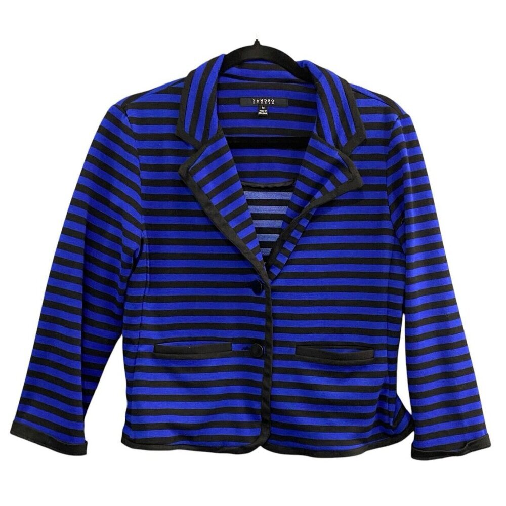 SANDRO Studio Women Crop Blazer Button Front Sz M Blue Black Stripe Office 54-18
